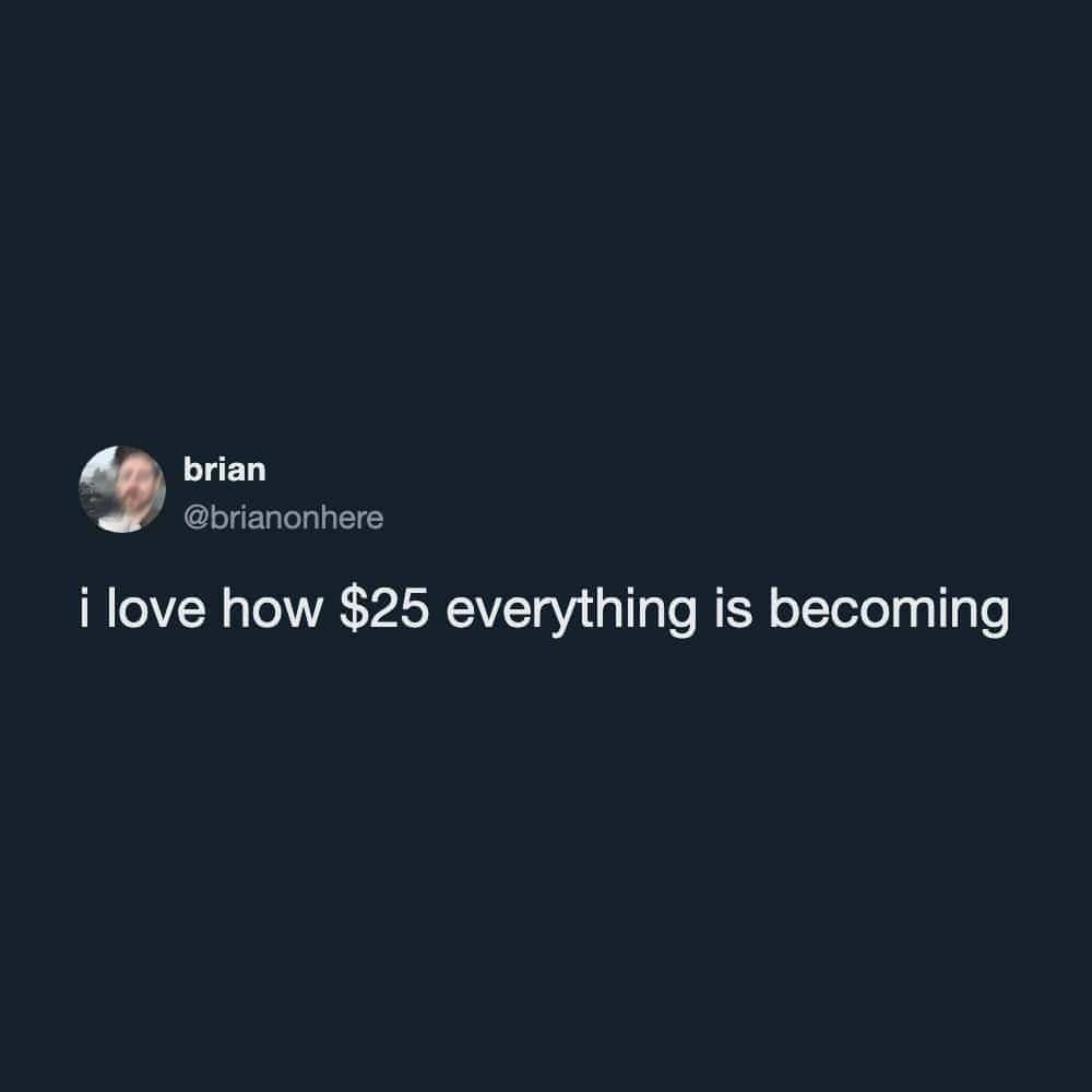 Relatable funny text meme sarcastically commenting on how expensive everyday life has become at twenty five dollars.