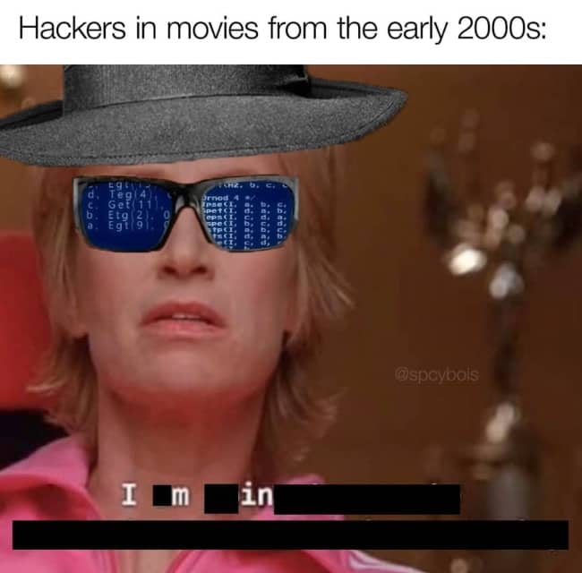 Media screenshot edited with sunglasses showing code reflections representing movie hackers from the early 2000s.