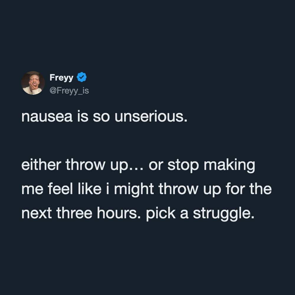 Funny memes tweet joking about the prolonged, indecisive struggle of dealing with stomach nausea.