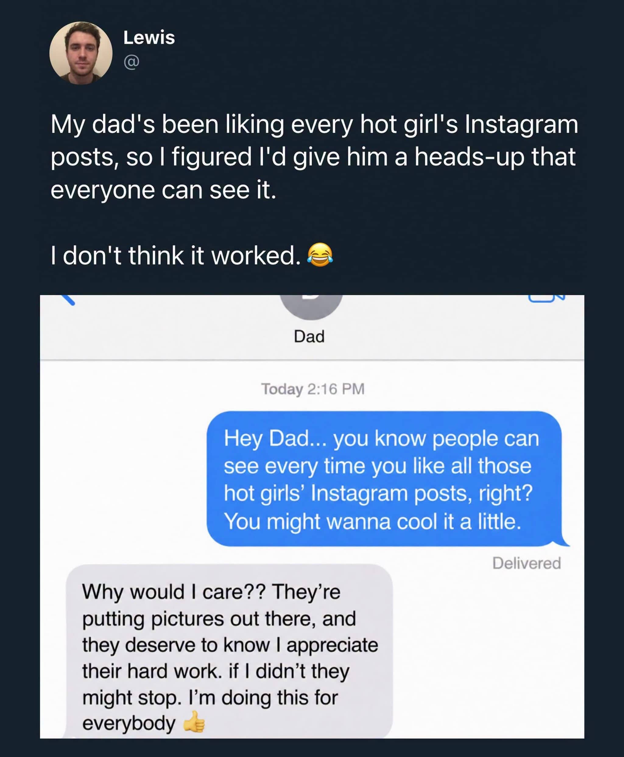 Hilarious text message screenshot of a son confronting his dad about liking hot girl Instagram posts.