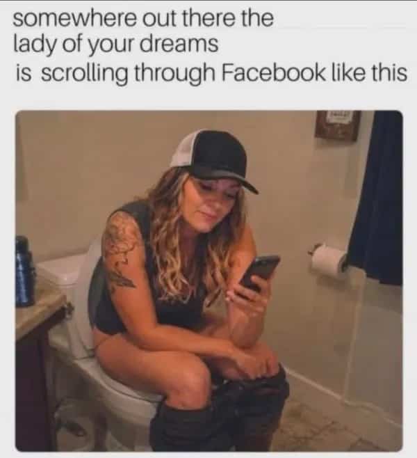 Funny memes graphic showing a woman on the toilet browsing social media on her phone.