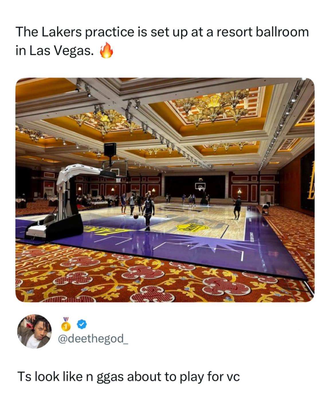 Funny basketball meme showing a Los Angeles Lakers practice set up inside a fancy resort ballroom.