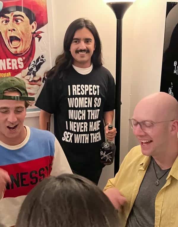 Funny memes screenshot featuring a man wearing a hilarious t-shirt about respecting women.