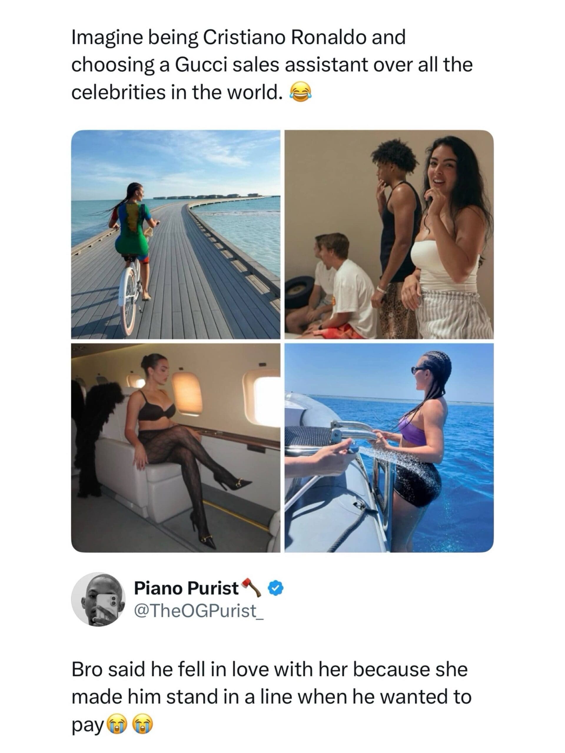 Four photos of Georgina Rodriguez with a tweet about Cristiano Ronaldo loving her for being normal.