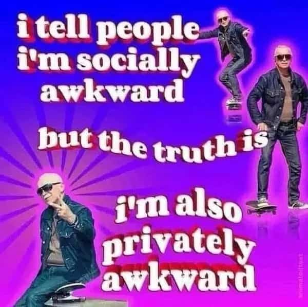 Funny text meme about being both socially awkward in public and privately awkward at home alone.