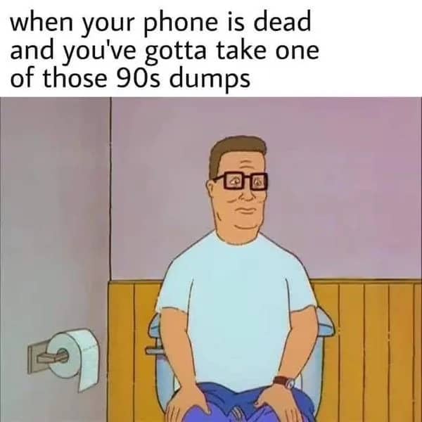 Animated character Hank Hill from King of the Hill sitting uncomfortably on a toilet seat.