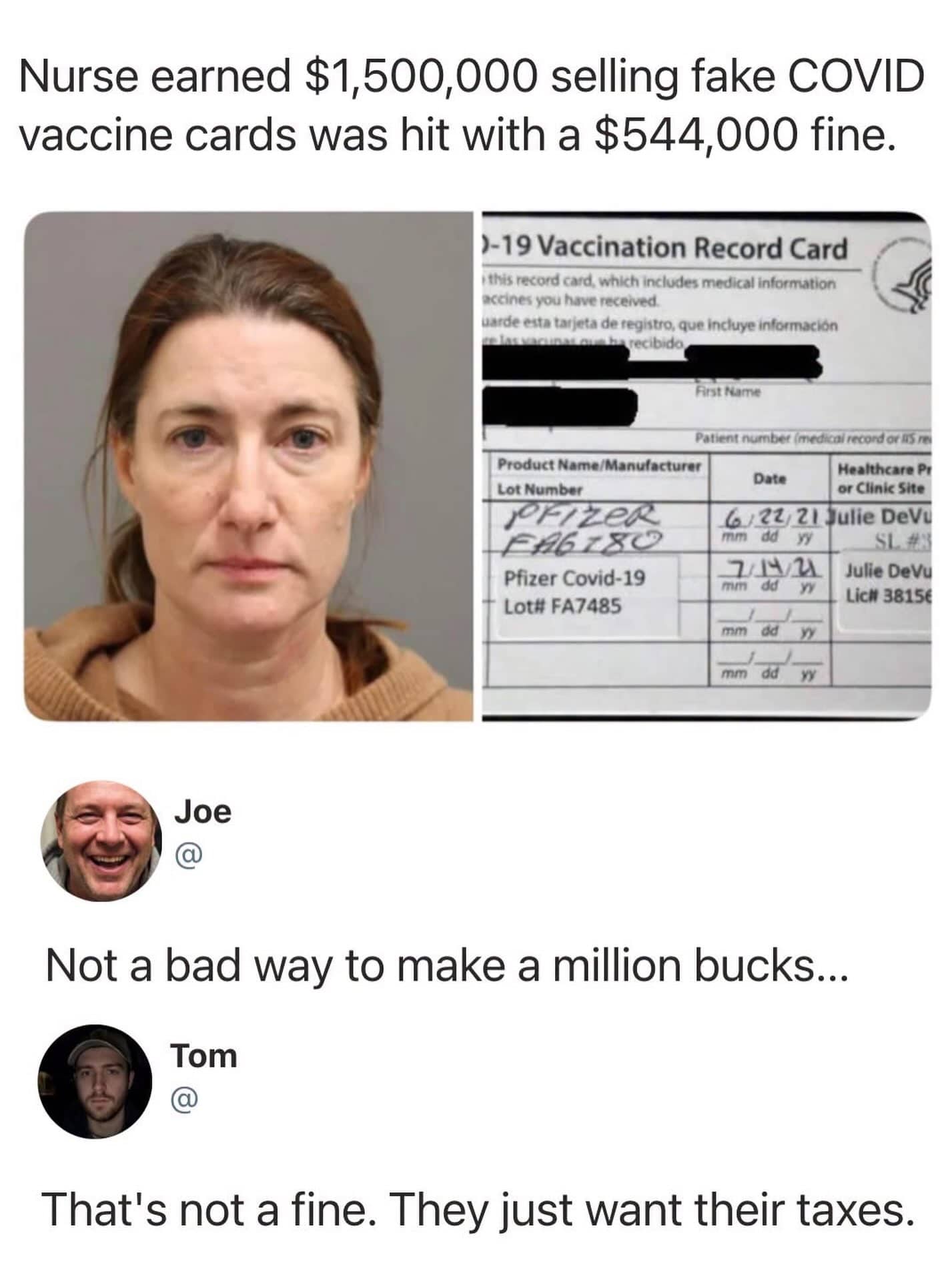 Dark humor news meme about a nurse fined for selling fake vaccine cards with a sarcastic comment.