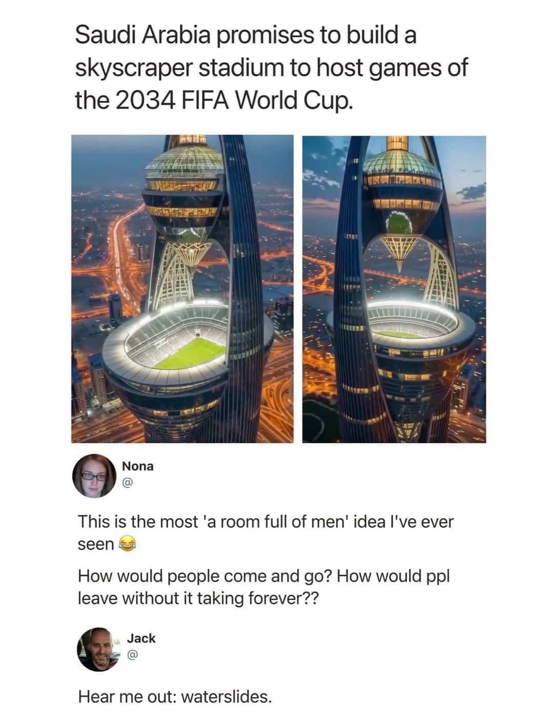 Futuristic skyscraper stadium concept render with humorous waterslide exit suggestion funny meme.