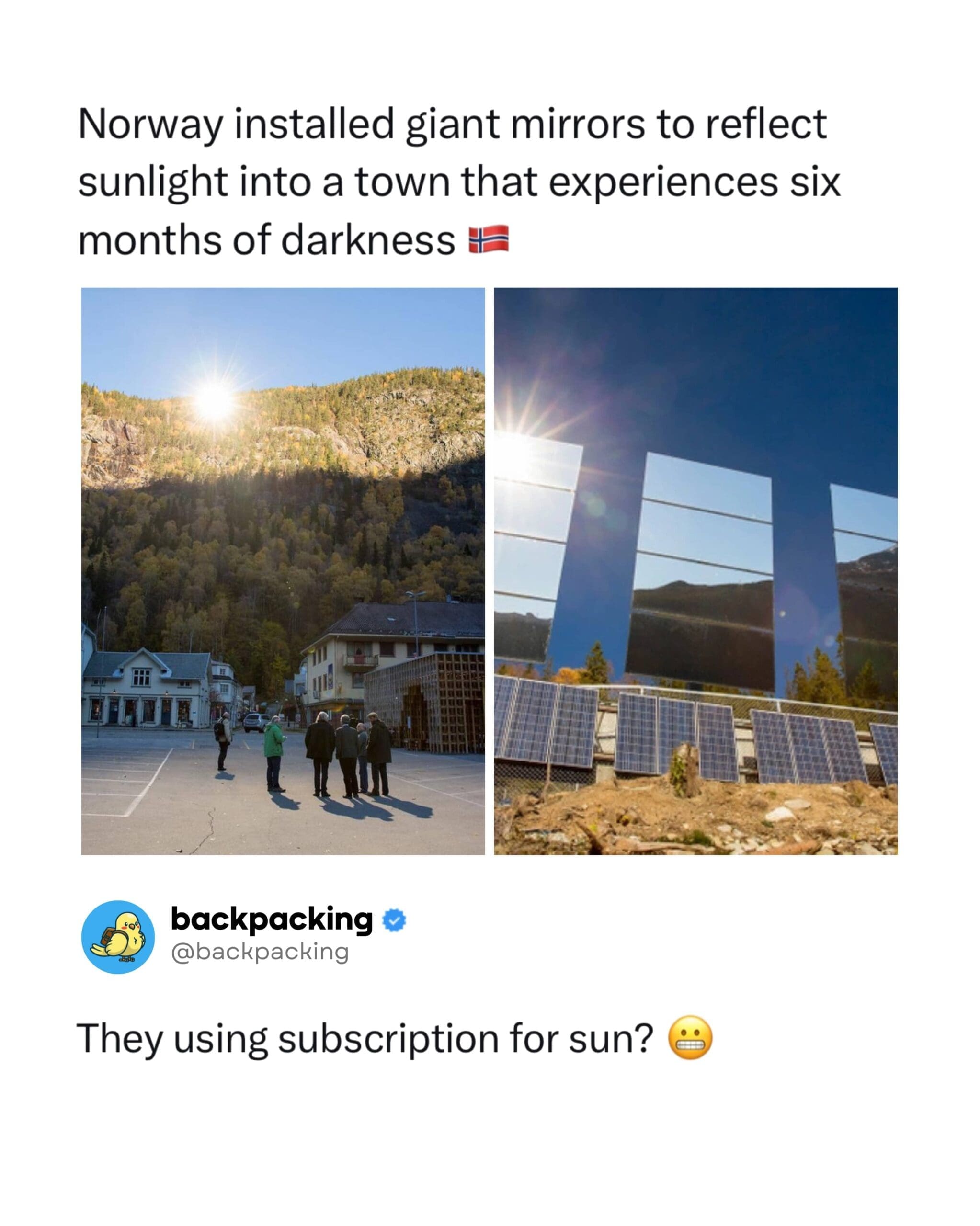 Sarcastic social media meme poking fun at Norway's giant mountainside sun-reflecting mirrors as a subscription.