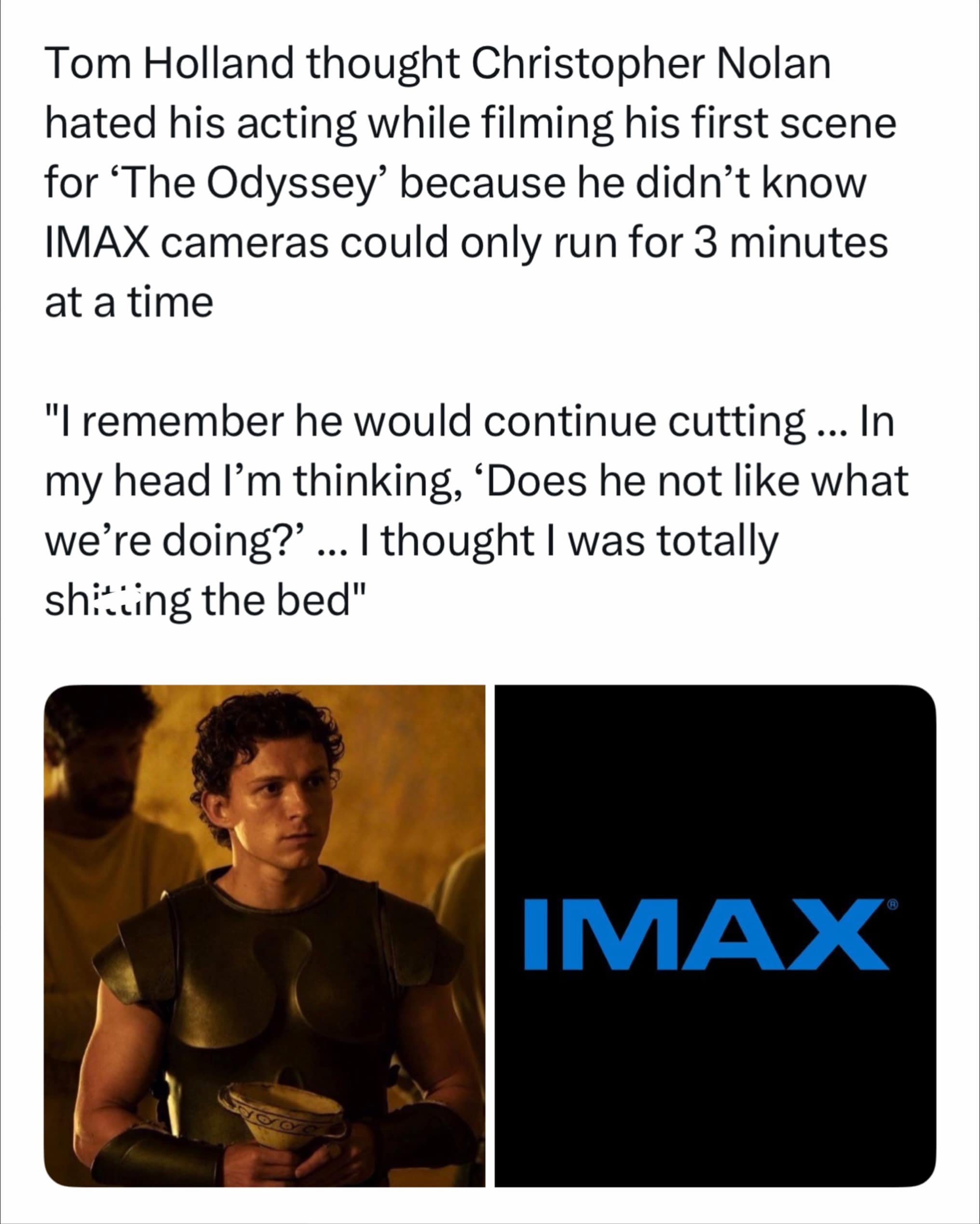A fascinating funny meme sharing a fake movie trivia post about Tom Holland misunderstanding Christopher Nolan's camera cuts.