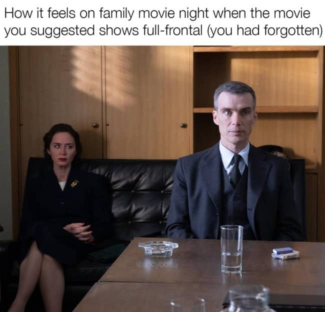Relatable funny memes portraying awkward family movie night tension during an unexpected adult scene.