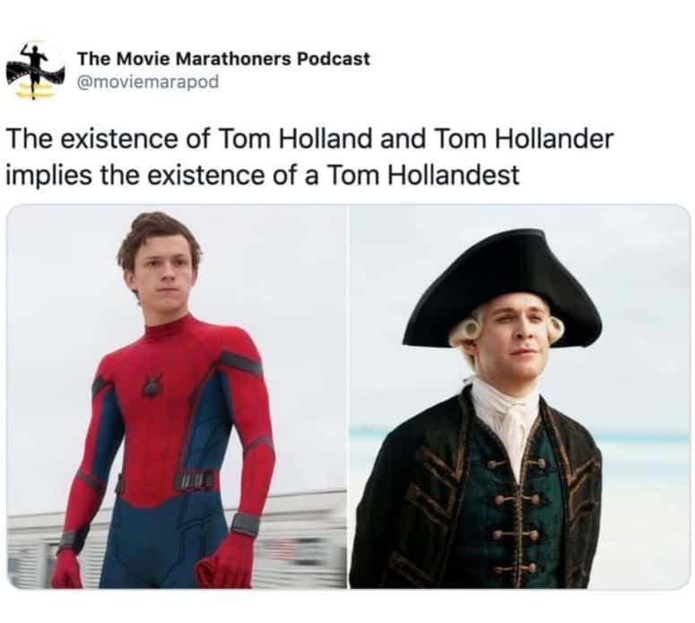 Funny celebrity name pun meme featuring Spider-Man actor Tom Holland and Pirates of the Caribbean actor Tom Hollander.