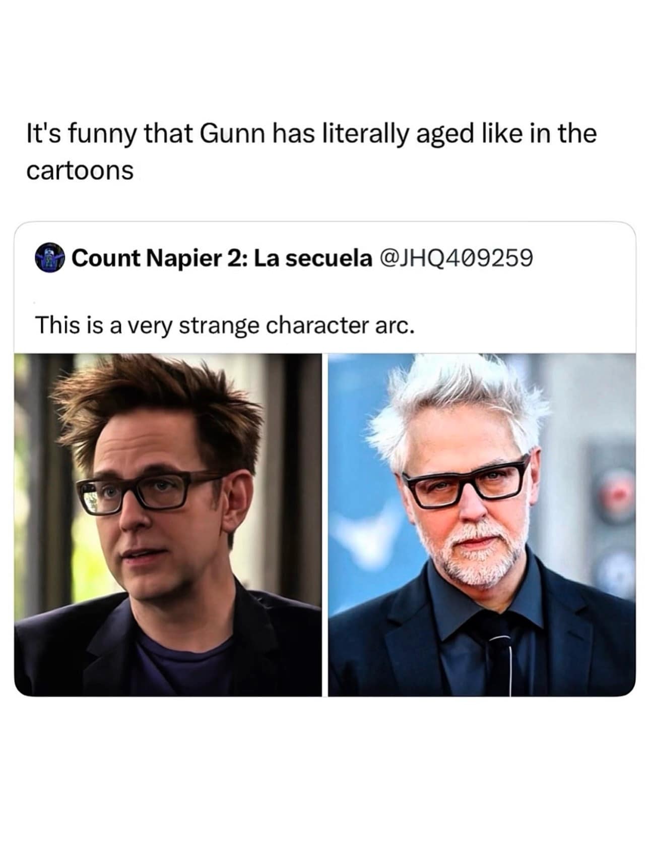 A clever funny meme comparing two side-by-side photos of director James Gunn to show him aging like a cartoon character.
