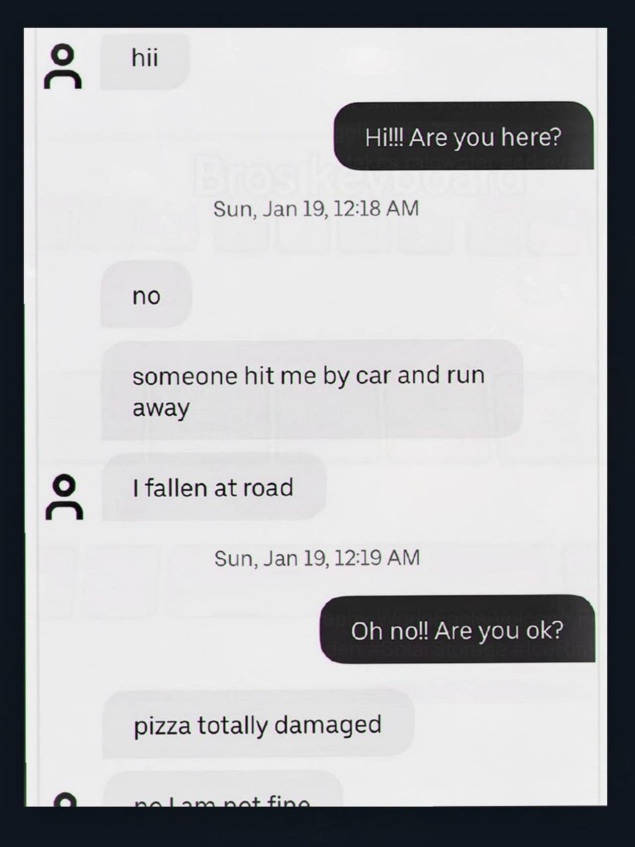 That viral meme dump text conversation shows a delivery driver prioritizing a totally damaged pizza over being hit by a car.