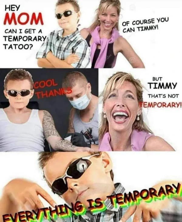 A hilarious funny meme uses a comic-style multi-panel setup where a kid named Timmy cheekily gets a full-sleeve permanent tattoo under the existential philosophical defense that "everything is temporary."