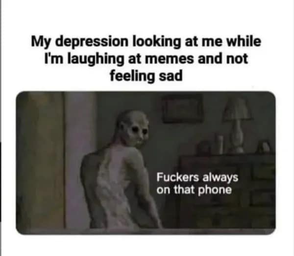This spooky meme dump frame shows a creepy monster standing in a dark doorway representing a person's judgment-filled depression.