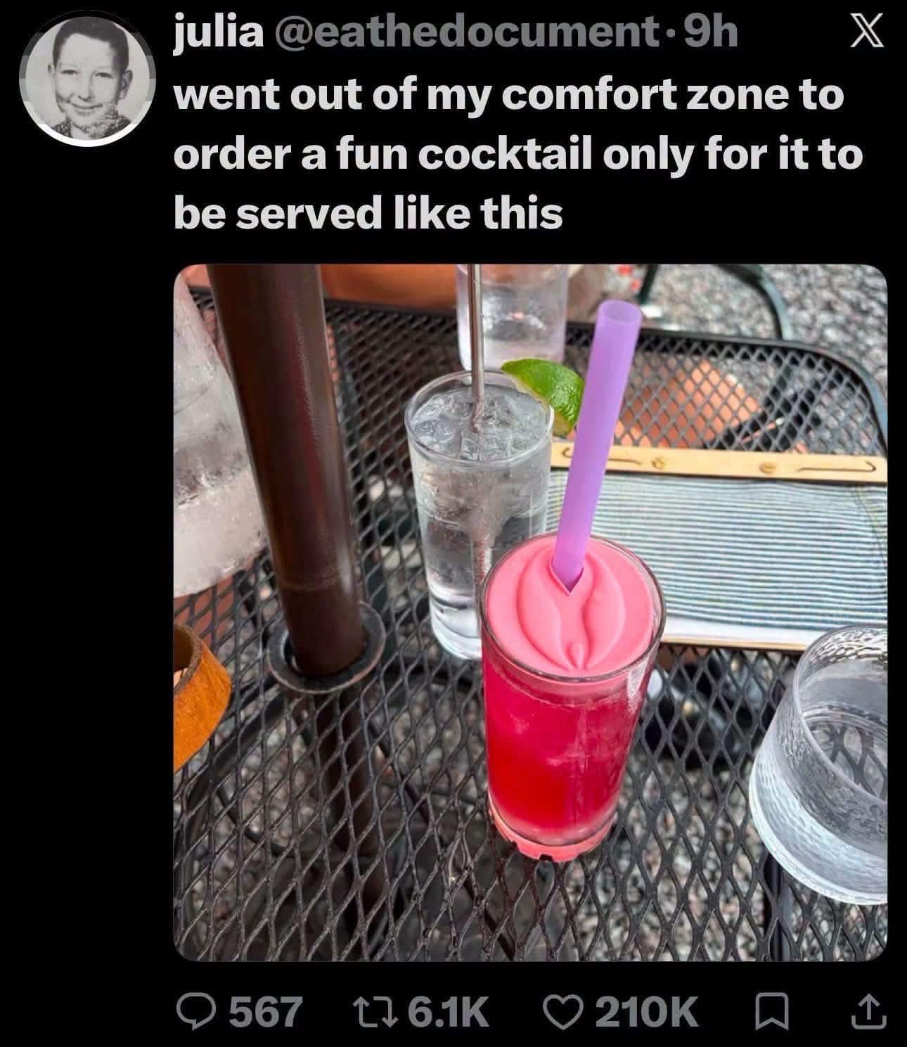 A shocking meme dump upload features a bright pink frozen cocktail served with an inadvertently explicit anatomical top design.