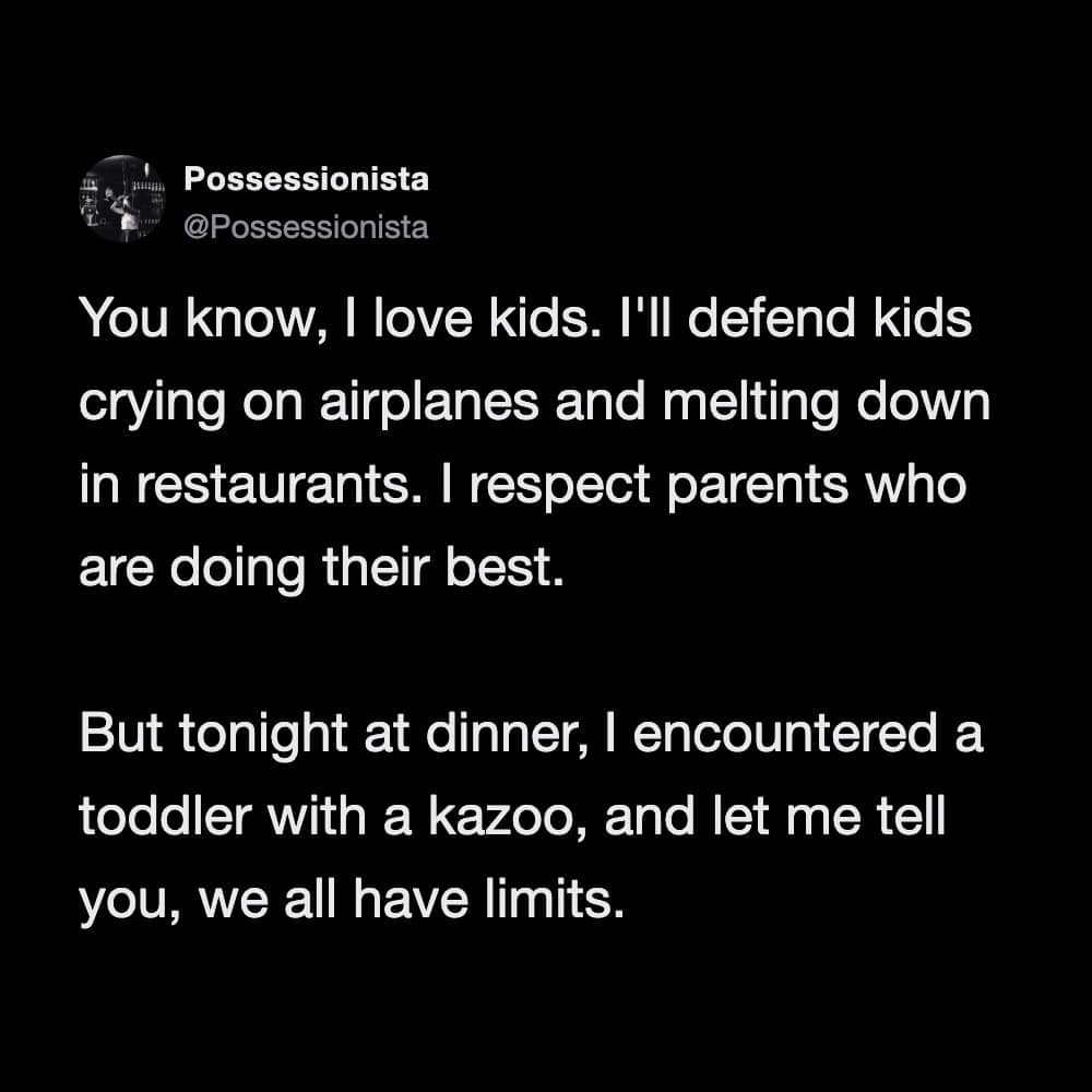 Tweet from Possessionista about liking kids but reaching a limit with a toddler playing a kazoo.