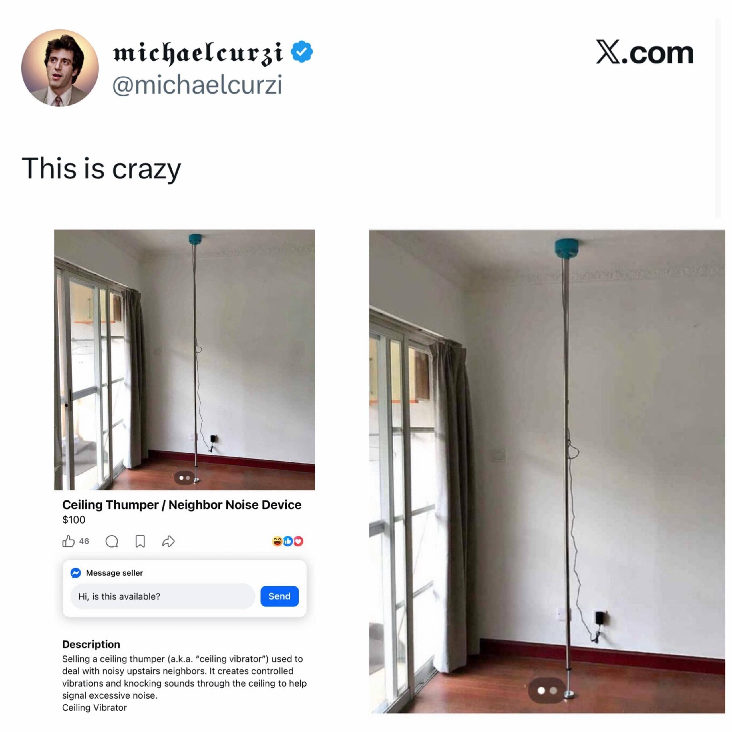Marketplace listing for a device labeled ceiling thumper used to retaliate against noisy upstairs neighbors.