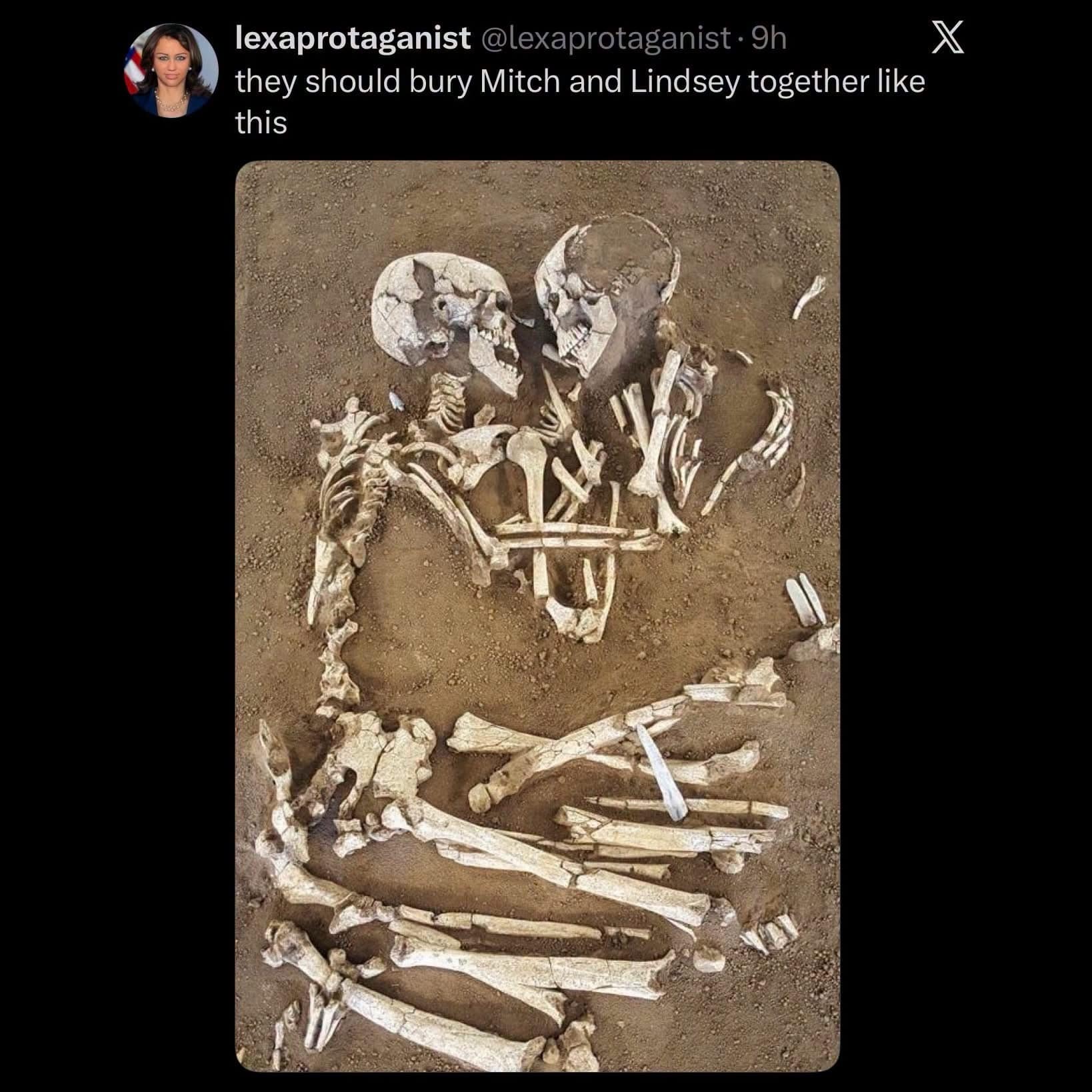 A dark humor political funny meme featuring an archaeological photograph of two ancient skeletons locked in an eternal embrace in the dirt, used to mock prominent public figures.