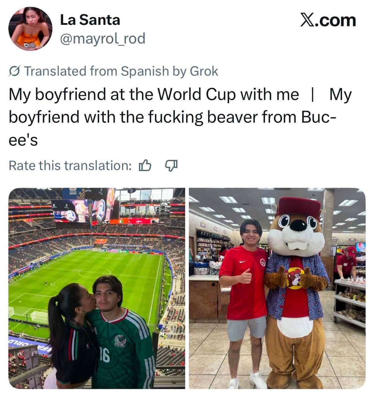 Funny boyfriend meme contrasting his unamused face at the World Cup with his joy meeting Buc-ee's beaver.