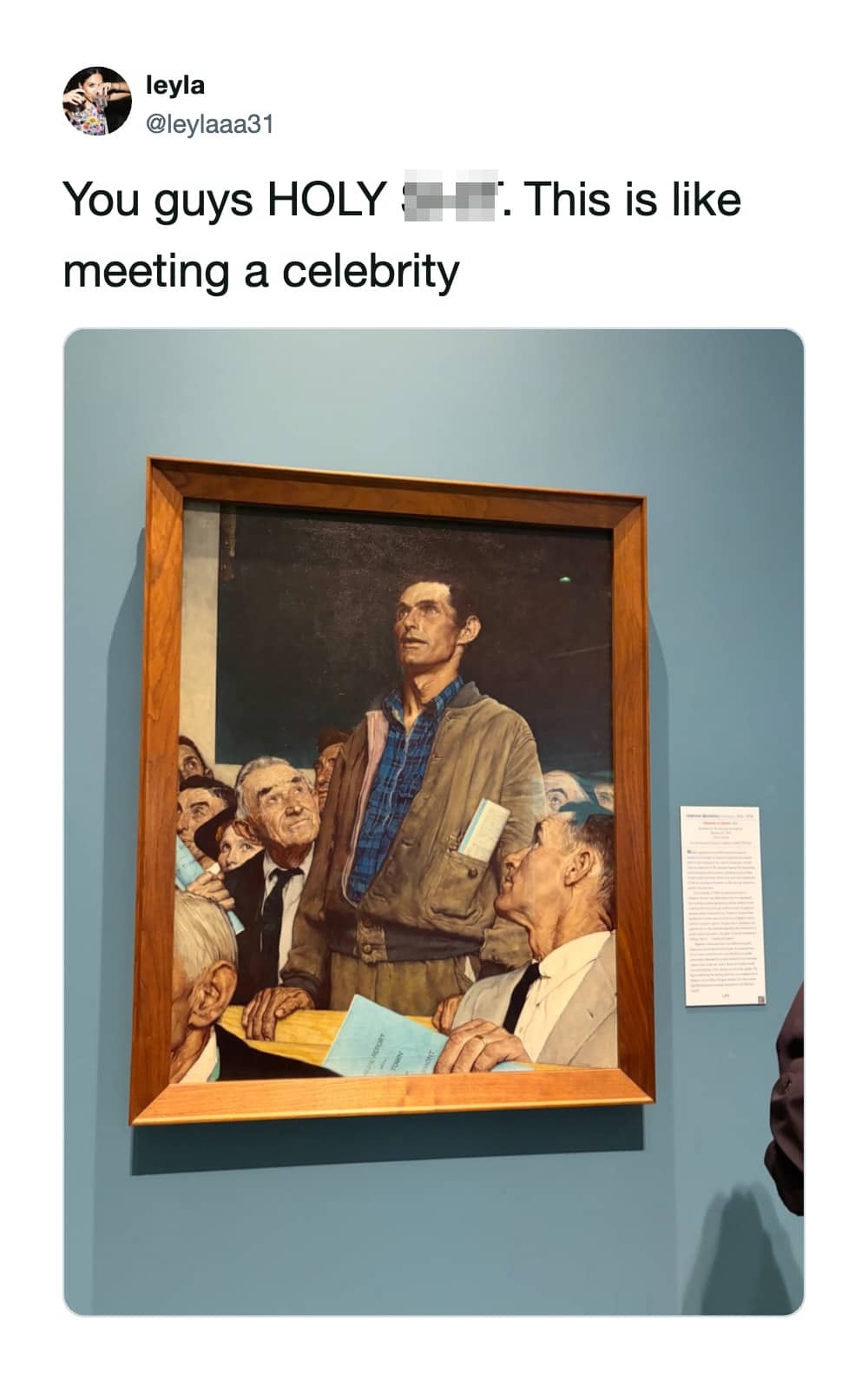 Museum visitor tweet showing the Norman Rockwell Freedom of Speech painting hanging on a blue wall.