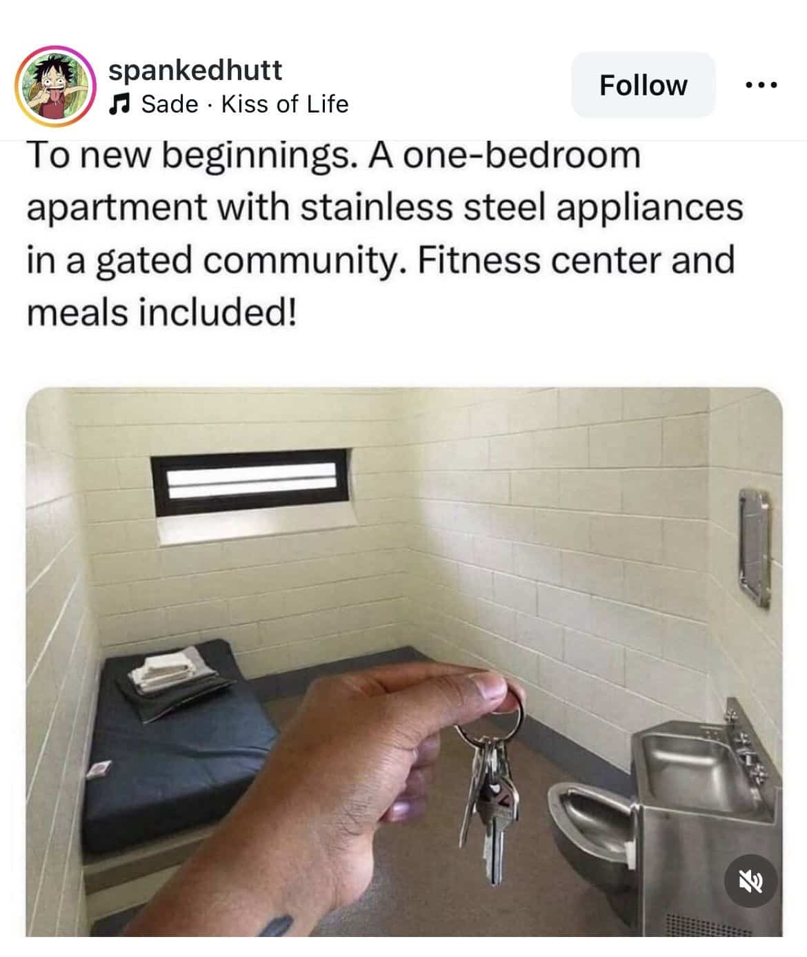 Funny apartment meme joking about a new gated community apartment that is actually a jail cell.