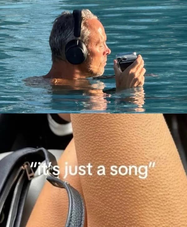 A relatable music lover's funny meme showing a man swimming in a pool while keeping his high-end over-ear headphones safe, paired below with a close-up photo of intense skin goosebumps.