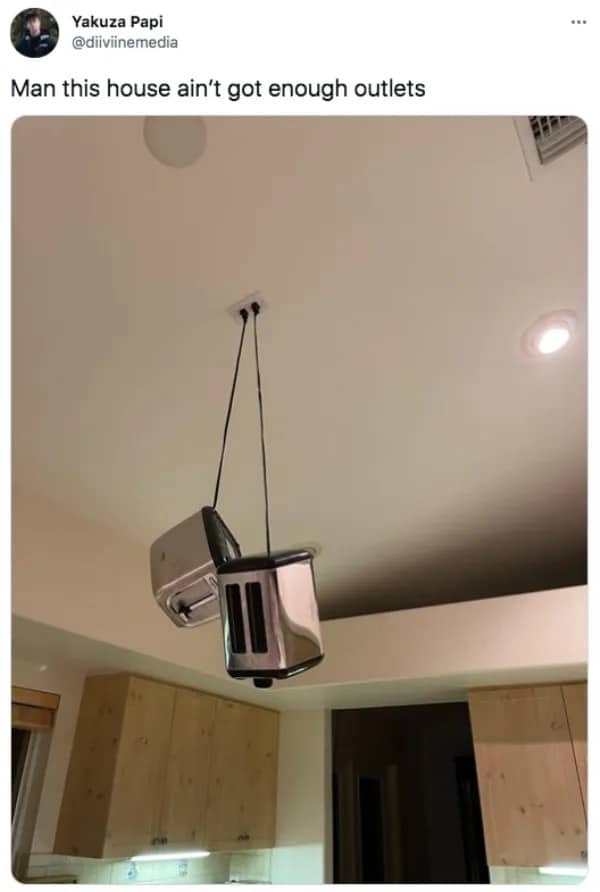 Funny memes displaying kitchen toasters hilariously hanging from a single electrical outlet on the ceiling.