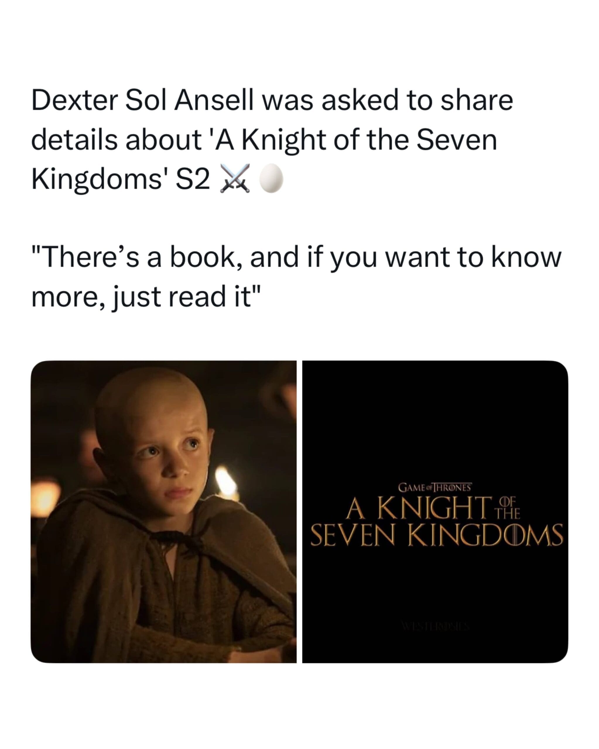 Actor Dexter Sol Ansell next to the title logo for A Knight of the Seven Kingdoms.