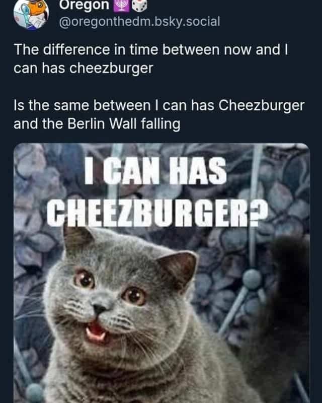 Funny historical comparison meme about the time elapsed since the famous I can has cheezburger cat