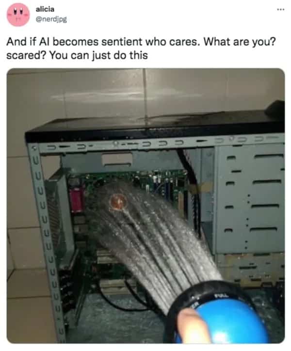 Funny tech meme showing someone spraying a open computer tower with a water hose.