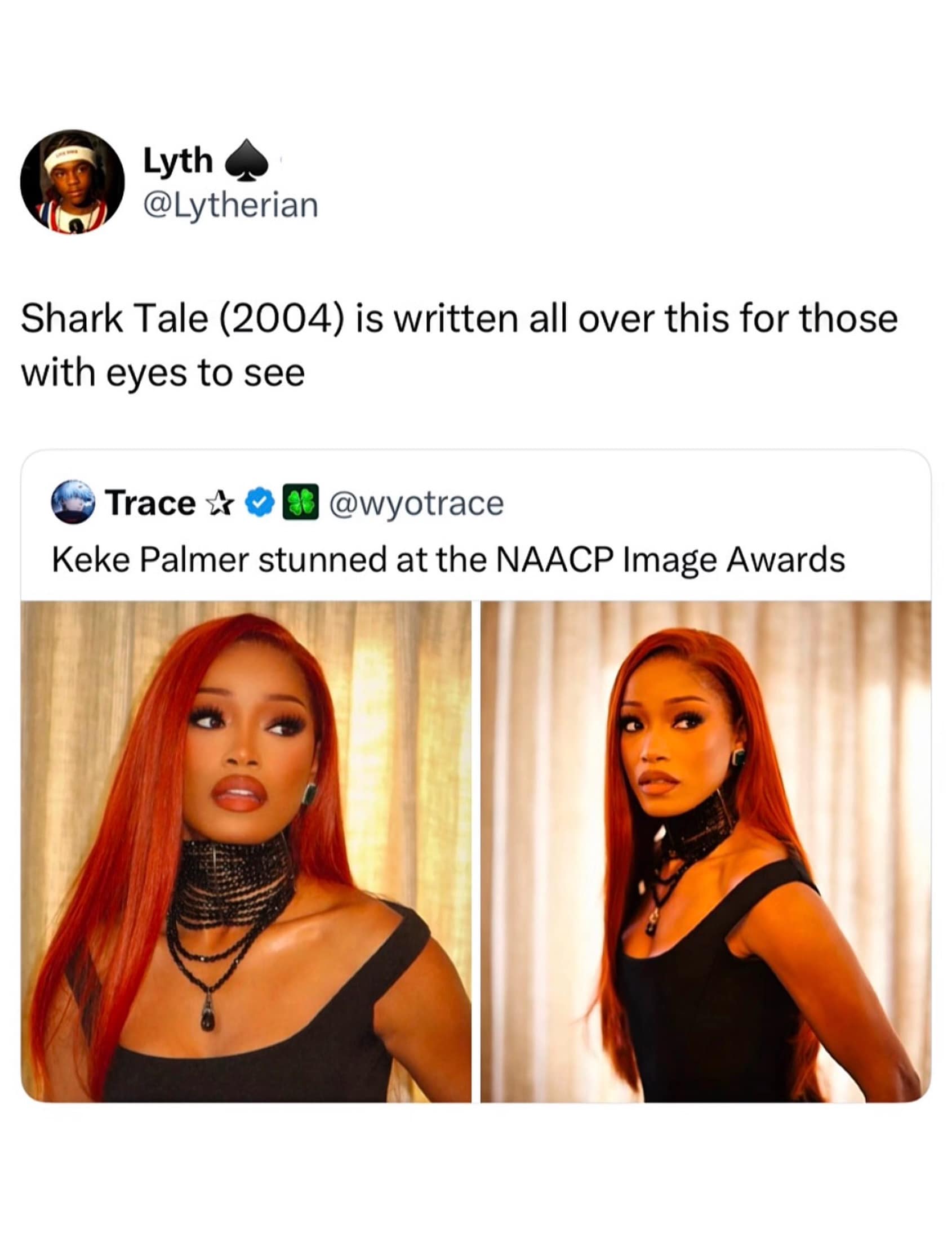 A sharp snippet from a pop-culture meme dump compares Keke Palmer's stunning red hair look to a glamorous fish character from Shark Tale.