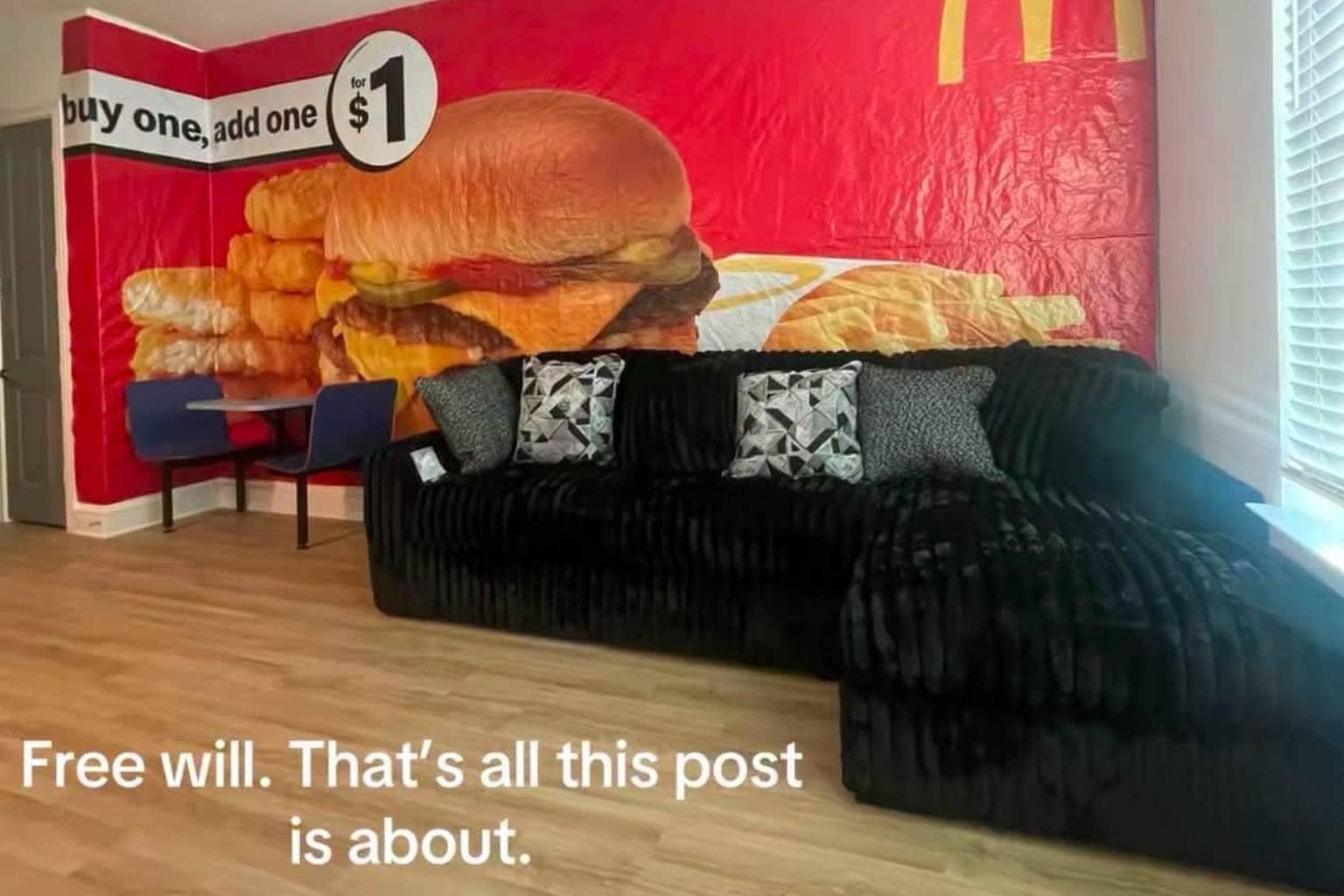 A giant funny meme dump tracking viral internet culture, featuring a living room with a McDonald's value menu wall banner, a horse with "Juicy" shaved on its back, and a pink cocktail with an explicitly shaped top design.