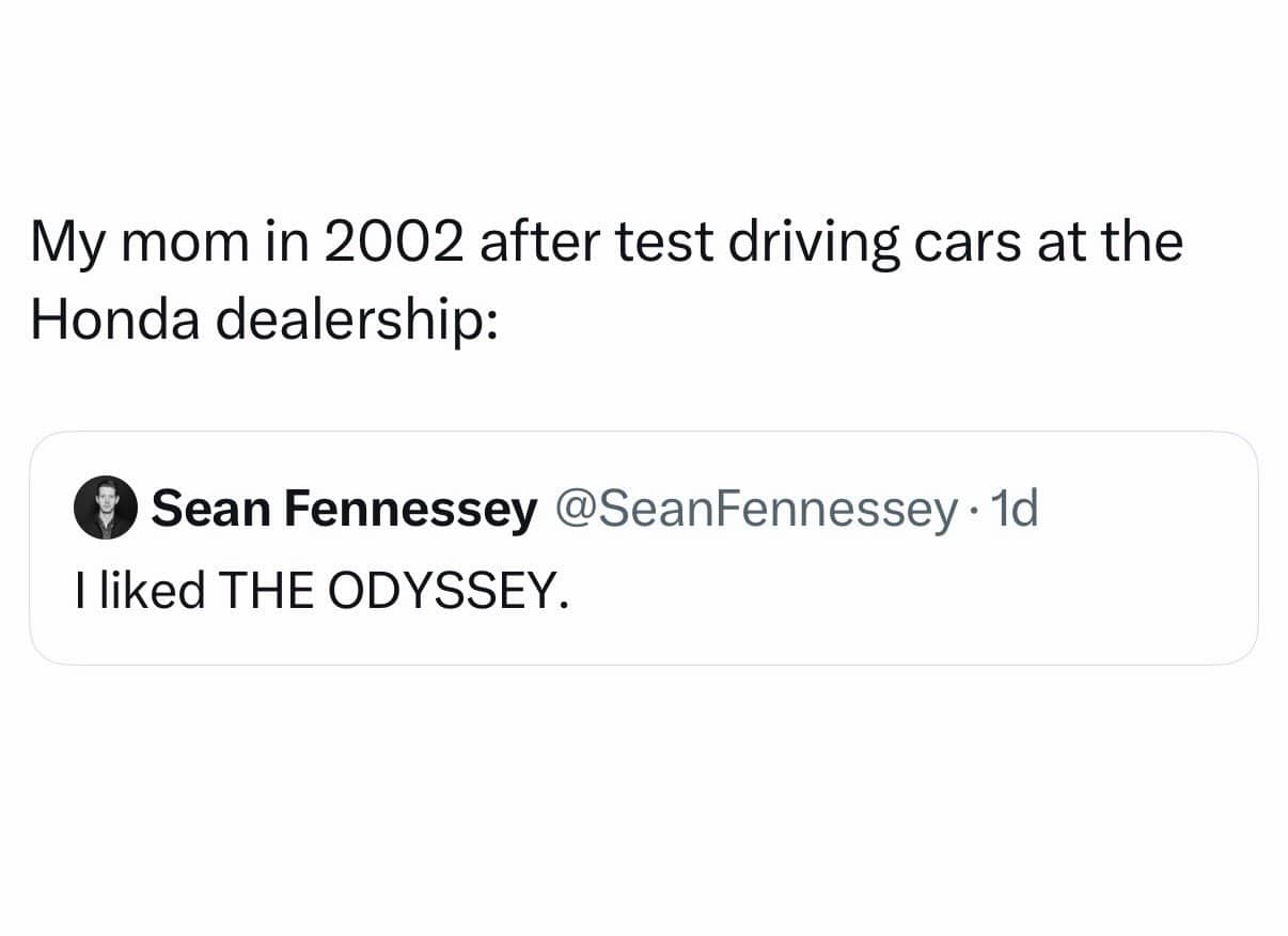 Funny Twitter pop culture pun meme comparing a minivan joke to the Honda Odyssey vehicle.