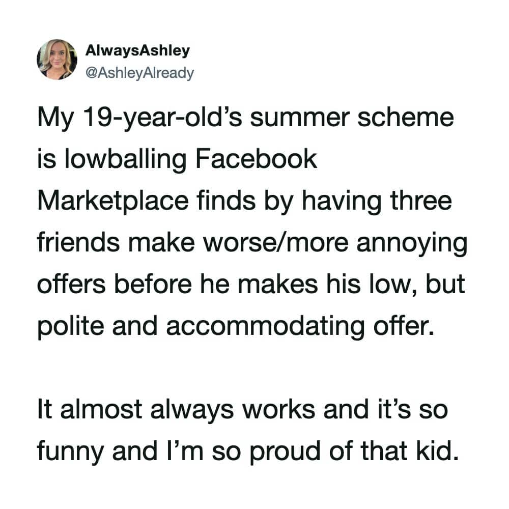 Entertaining text meme detailing a brilliant psychological negotiation trick for buying on Facebook Marketplace.