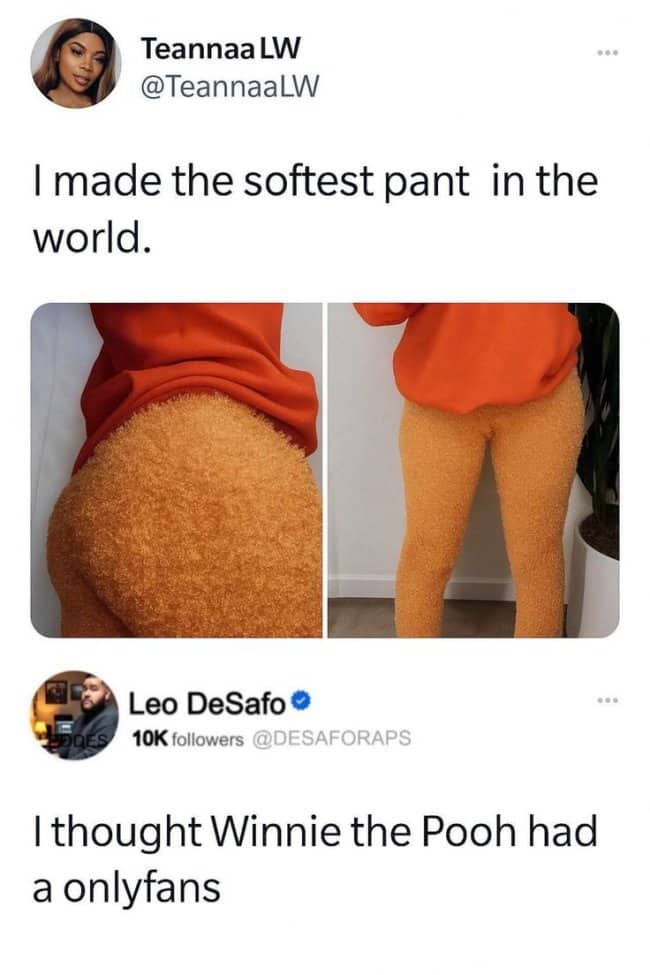 Fluffy orange pants comparison to Winnie the Pooh social media post detailing funny outfits.