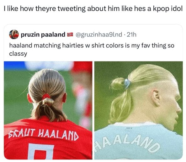 Erling Haaland wearing red and blue hair ties matching his soccer jerseys in a viral tweet.