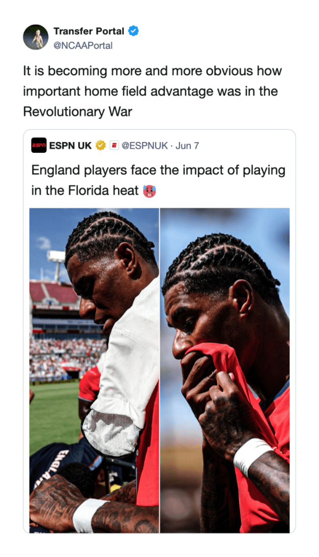 A funny tweet joking about England losing the Revolutionary War due to the humid Florida heat.