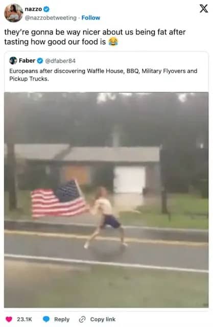 A meme tweet about European soccer fans appreciating American barbecue and Waffle House during the tournament.