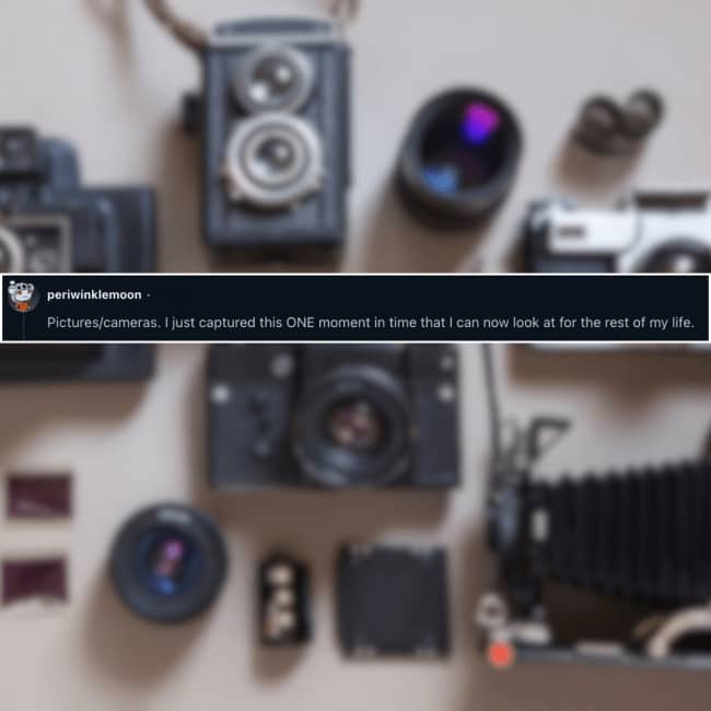 Flat lay of vintage analog film cameras overlaid with a text comment about capturing time.