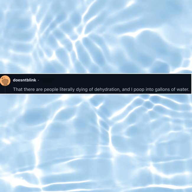 Shimmering bright blue swimming pool water surface with a dark text box about plumbing privileges.