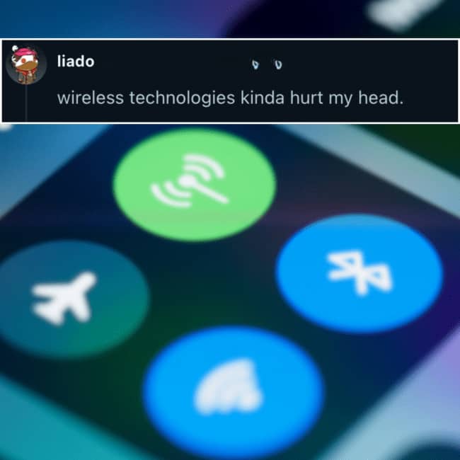 Close-up of smartphone control center icons with a social media comment about wireless tech.