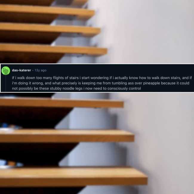 Shallow depth of field image of wooden stairs with text detailing stair-walking existential dread.