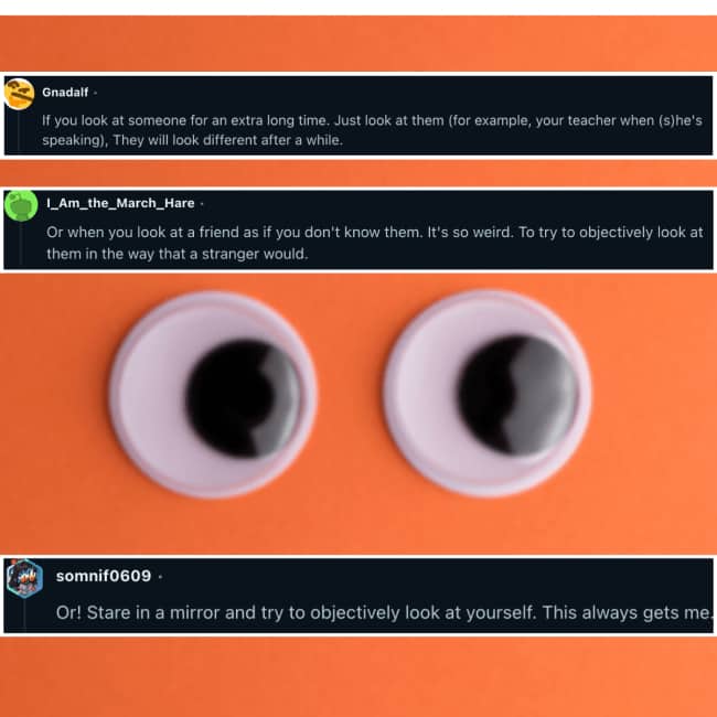 Two large googly eyes against an orange background with forum comments discussing staring at people.