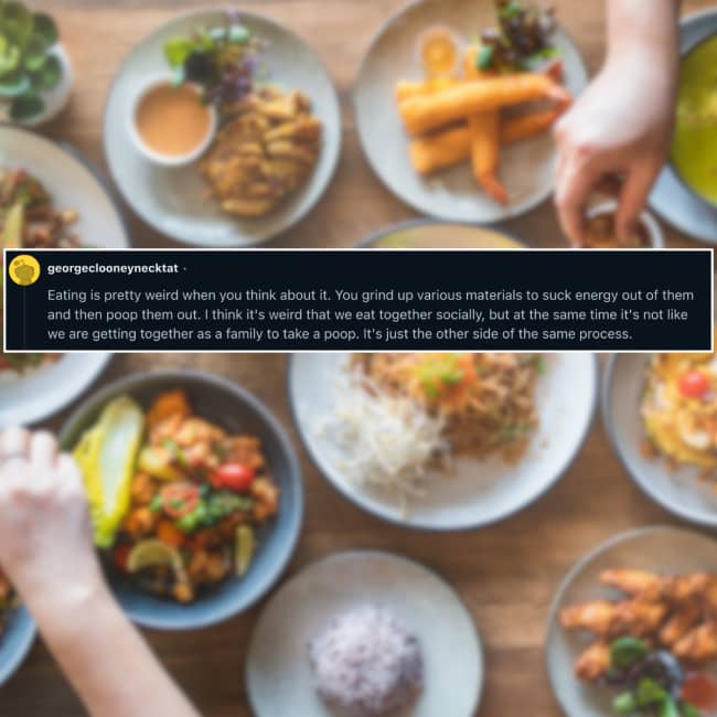 Blurred overhead shot of restaurant tables laden with food plates and a text about digestion.