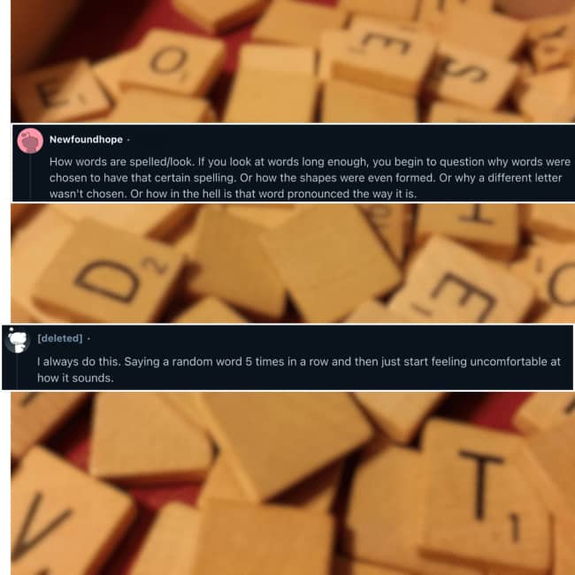 Scattered wooden Scrabble tiles out of focus with user comments about language and spelling.