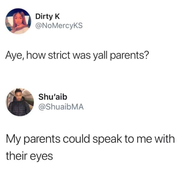 Twitter thread about strict parents who could communicate silently using just growing up memes.