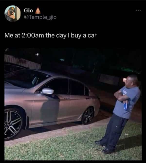 Man leaning back proudly outside at night admiring a car growing up memes tweet.
