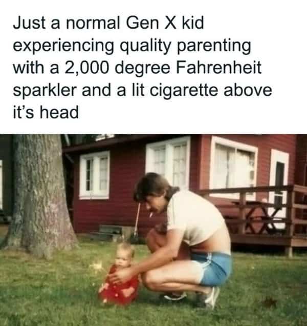 Vintage photo showing Gen X parenting with sparkler and cigarette near baby growing up memes.